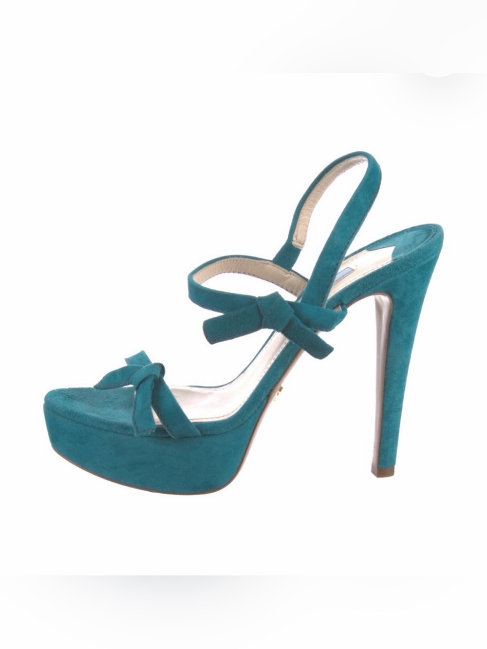 Prada Teal Suede Bow Platform Slingback Heels